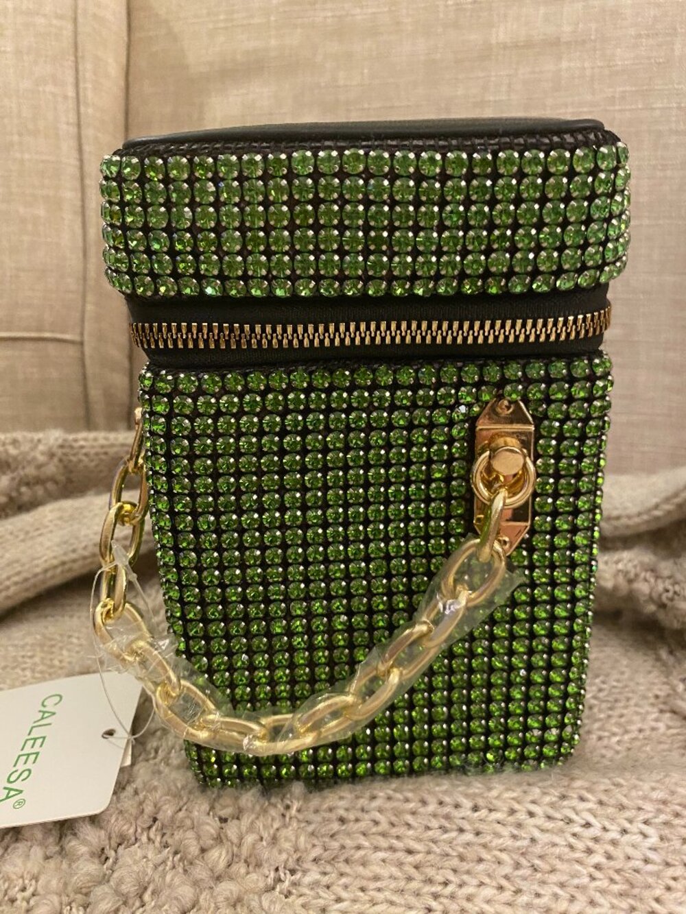 Green Sparkling Chain Link Rhinestone Crossbody Bag